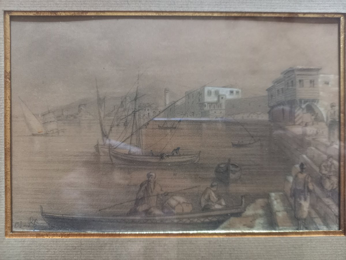 Charmant dessin orientaliste  au crayon avec rehauts dans un ravissant encadrement néogothique-photo-2