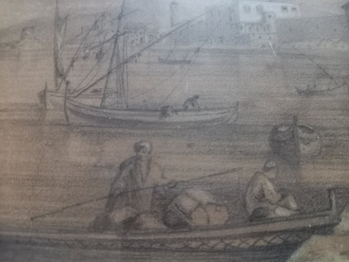 Charmant dessin orientaliste  au crayon avec rehauts dans un ravissant encadrement néogothique-photo-3