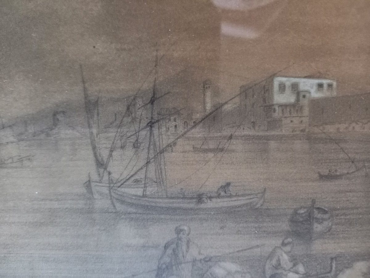 Charmant dessin orientaliste  au crayon avec rehauts dans un ravissant encadrement néogothique-photo-4