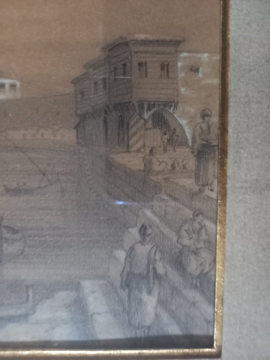 Charmant dessin orientaliste  au crayon avec rehauts dans un ravissant encadrement néogothique-photo-1