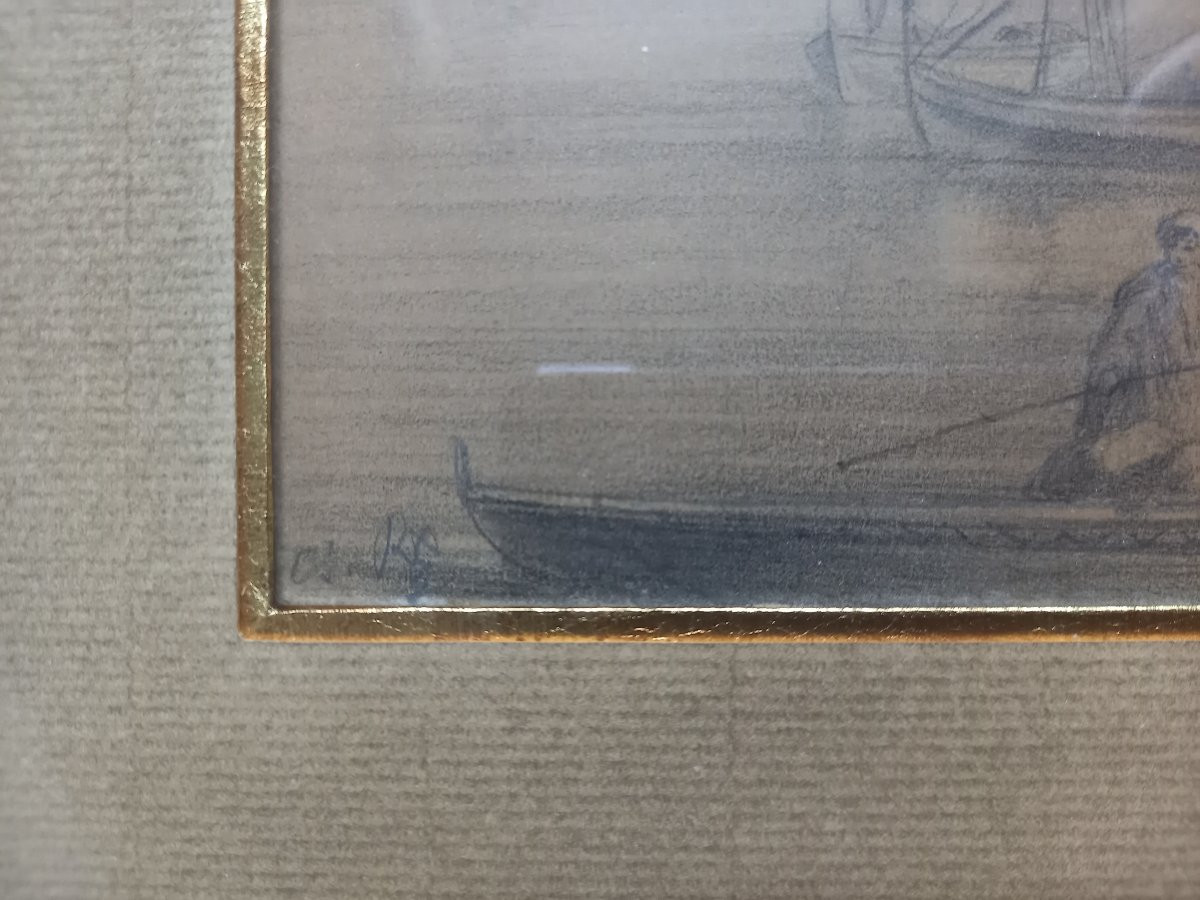 Charmant dessin orientaliste  au crayon avec rehauts dans un ravissant encadrement néogothique-photo-3