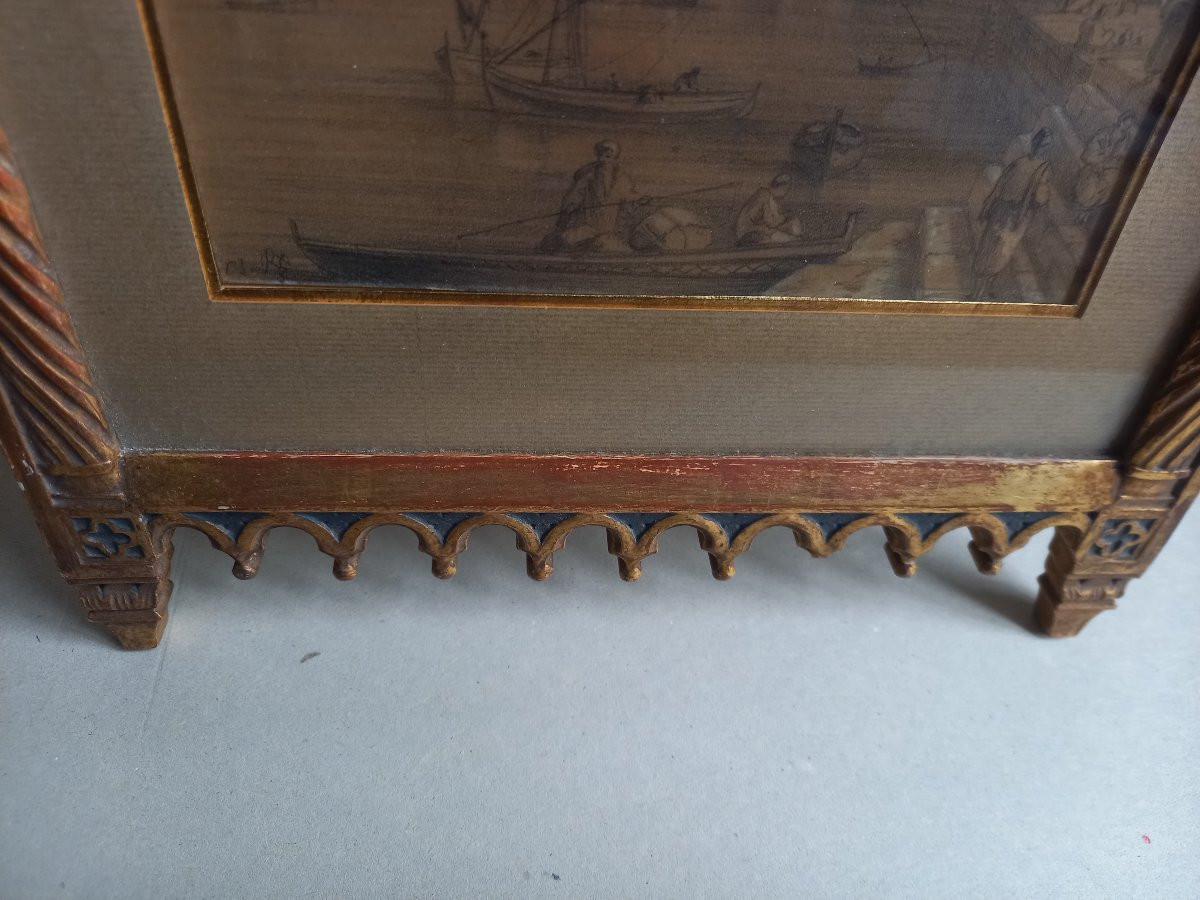 Charmant dessin orientaliste  au crayon avec rehauts dans un ravissant encadrement néogothique-photo-5