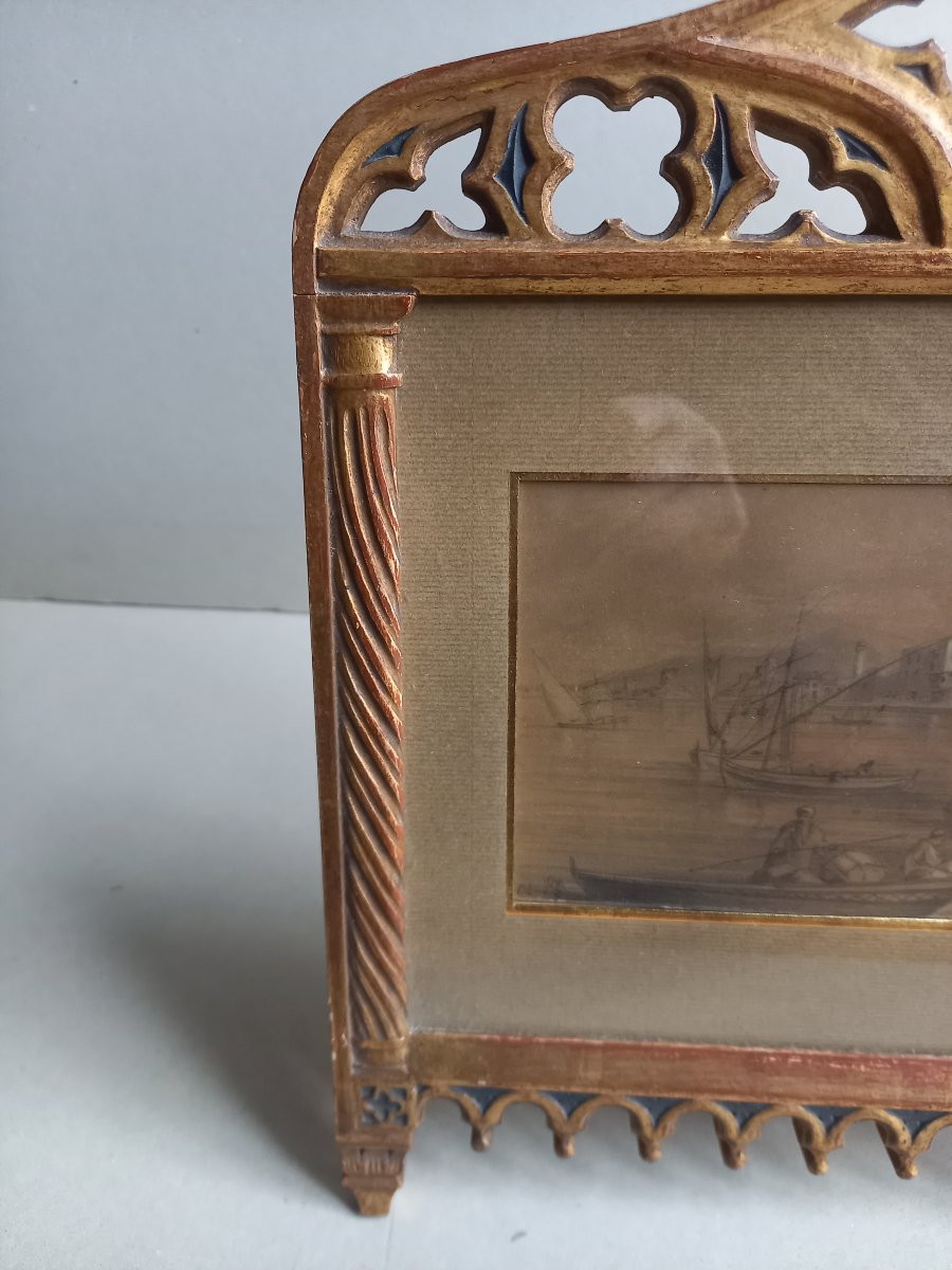Charmant dessin orientaliste  au crayon avec rehauts dans un ravissant encadrement néogothique-photo-6