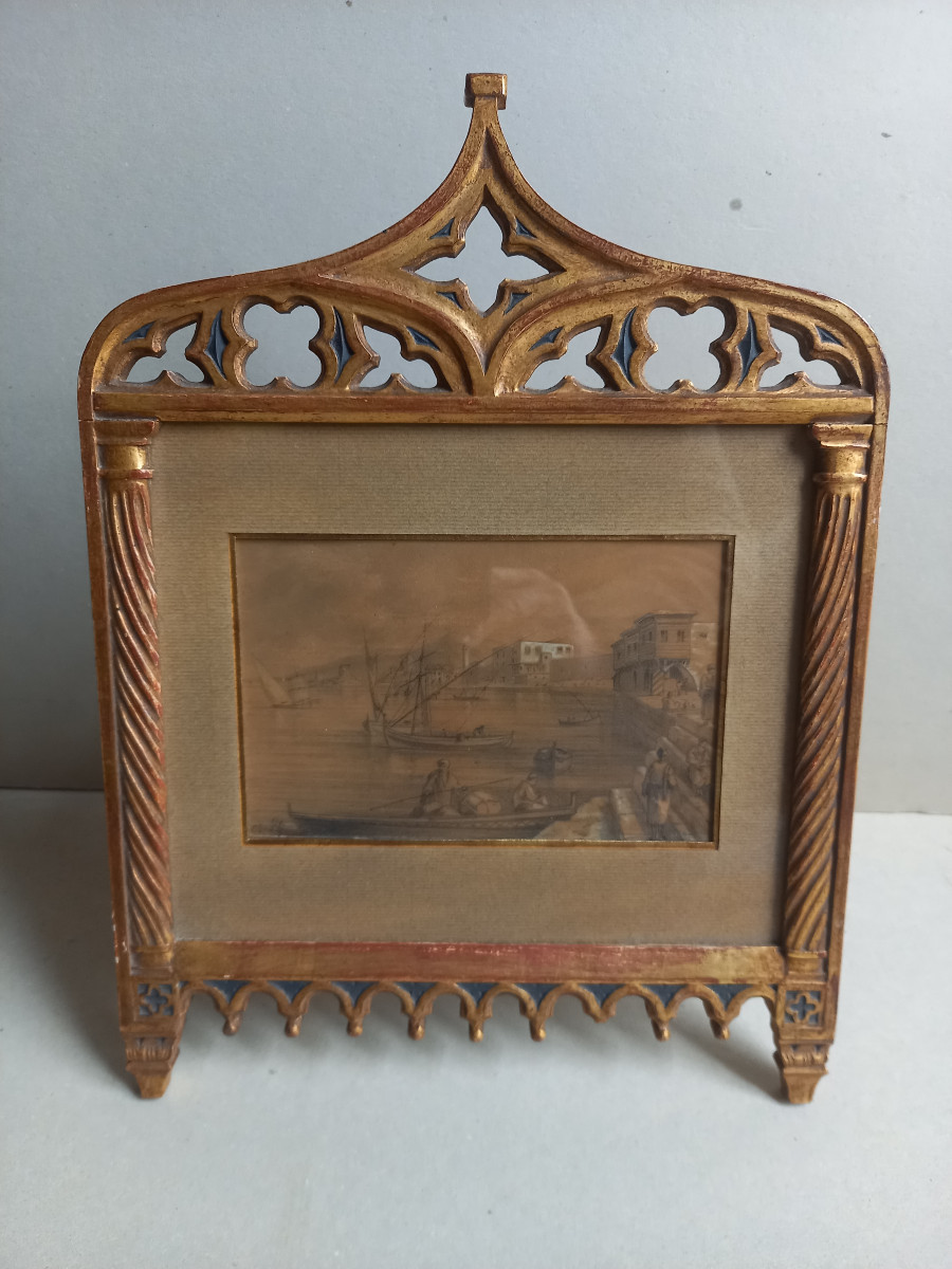 Charmant dessin orientaliste  au crayon avec rehauts dans un ravissant encadrement néogothique