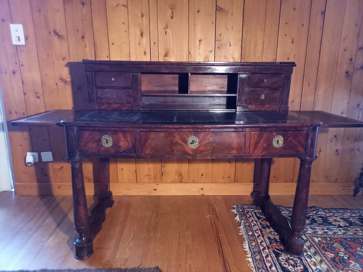 Vintage Tiered Architectural Desk; Restored In Mahogany And Flamed Mahogany Veneer-photo-2