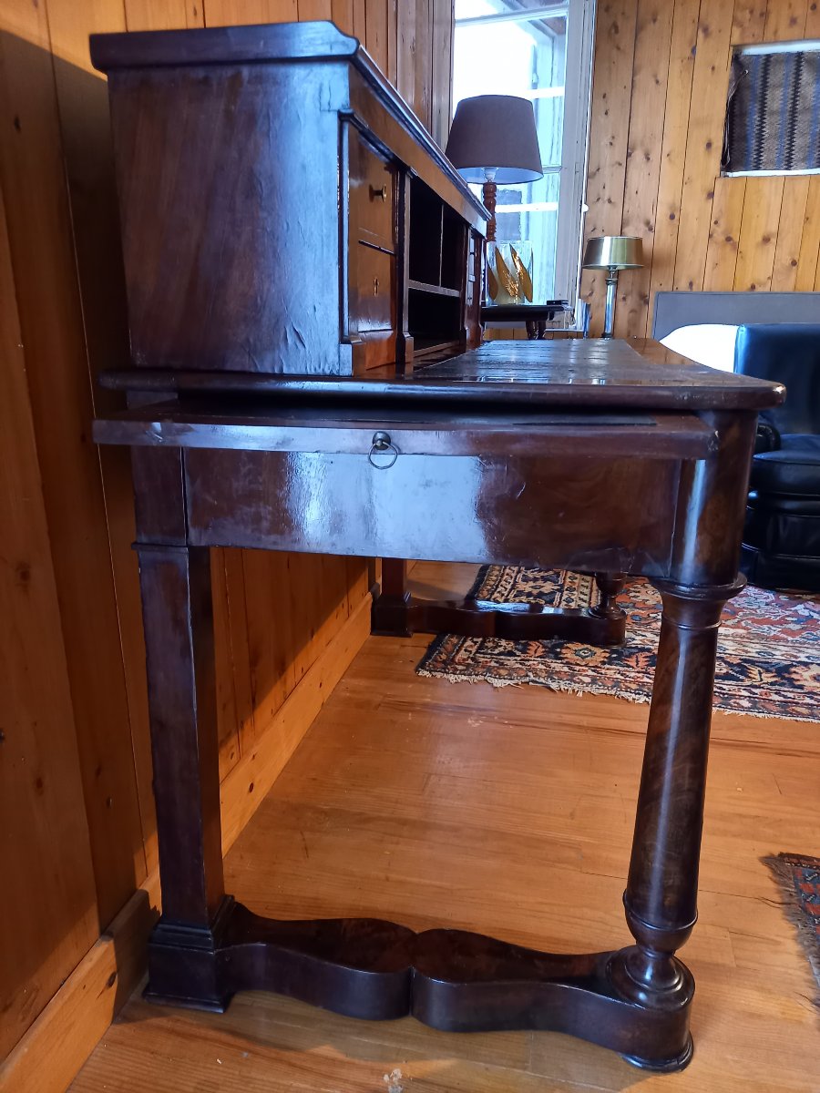 Vintage Tiered Architectural Desk; Restored In Mahogany And Flamed Mahogany Veneer-photo-3