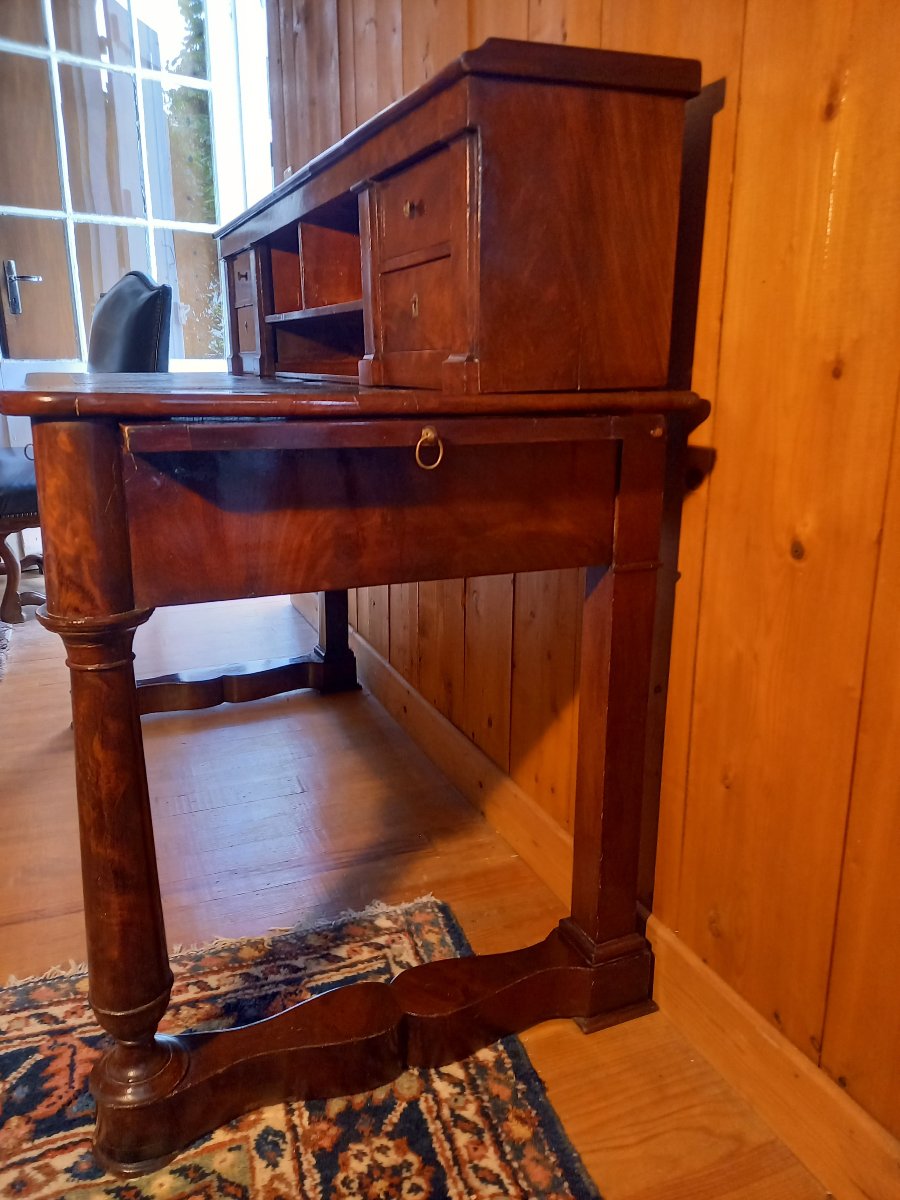 Vintage Tiered Architectural Desk; Restored In Mahogany And Flamed Mahogany Veneer-photo-4