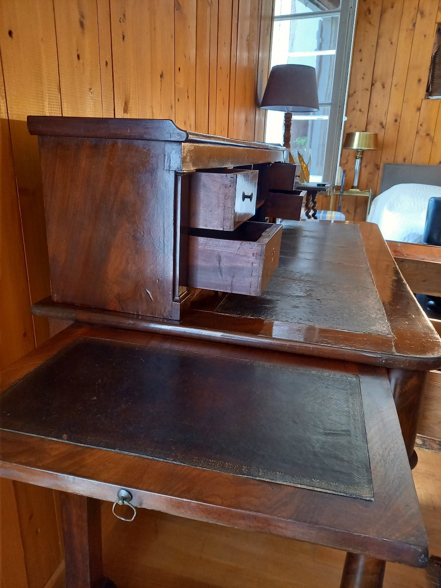 Vintage Tiered Architectural Desk; Restored In Mahogany And Flamed Mahogany Veneer-photo-1