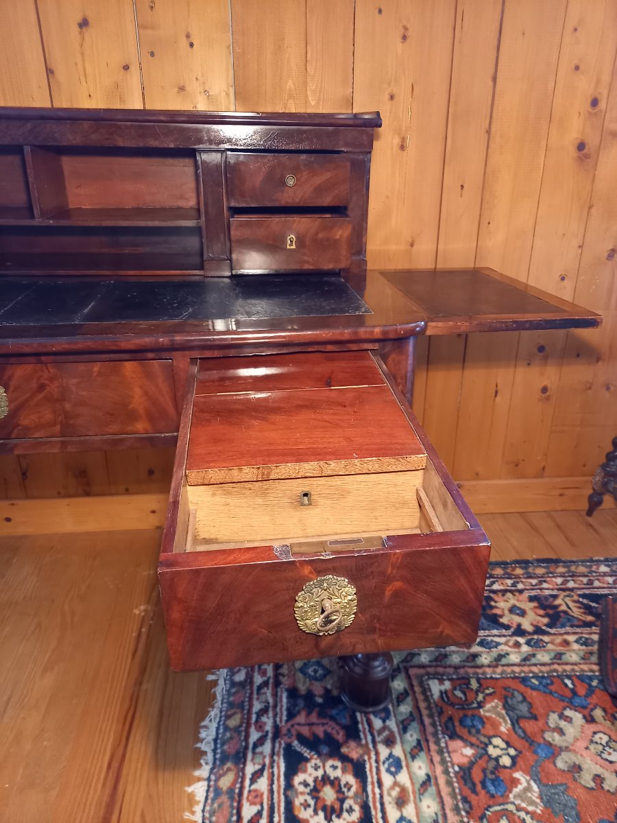 Vintage Tiered Architectural Desk; Restored In Mahogany And Flamed Mahogany Veneer-photo-3