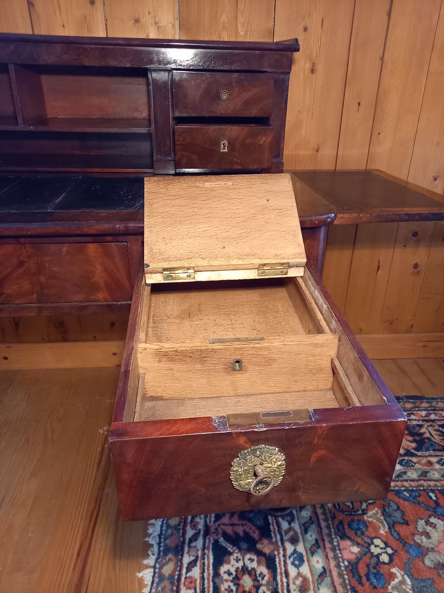 Vintage Tiered Architectural Desk; Restored In Mahogany And Flamed Mahogany Veneer-photo-4