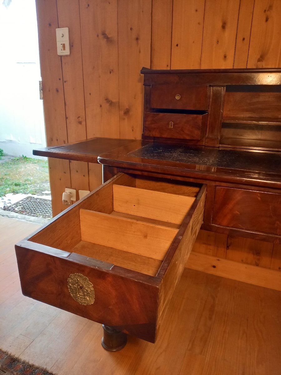 Vintage Tiered Architectural Desk; Restored In Mahogany And Flamed Mahogany Veneer-photo-5