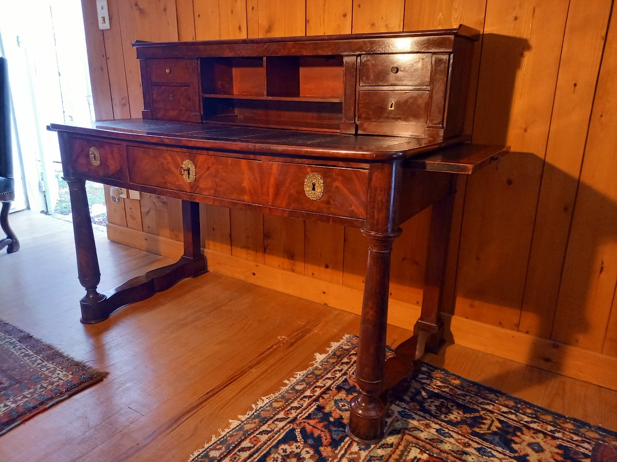 Vintage Tiered Architectural Desk; Restored In Mahogany And Flamed Mahogany Veneer