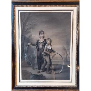 Grand fusain du XVIIIe siècle montrant deux jeunes garçons à leur jeu.