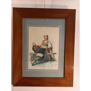 Très belle aquarelle représentant une contadine ou paysanne italienne en costume traditionnel