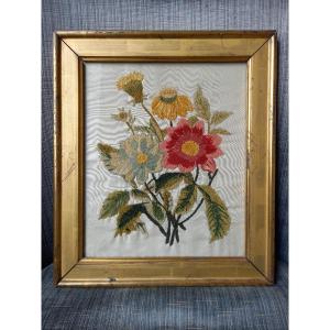 Needle Painting In Chenille Silk Threads Depicting A Scattering Of Flowers