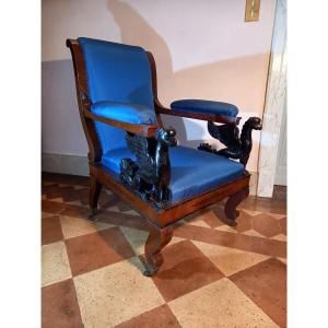 Spectacular Armchair In Mahogany And Blackened Wood With Griffin-shaped Armrests