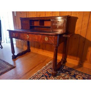 Vintage Tiered Architectural Desk; Restored In Mahogany And Flamed Mahogany Veneer