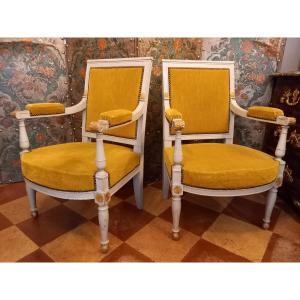A Lovely Pair Of Molded And Carved Armchairs, Reupholstered In Gray And Gold, Dating From The Directoire-consulat Period