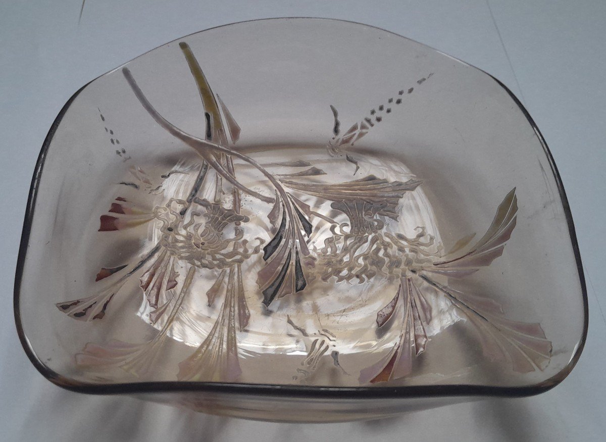 Emile Gallé Enamelled Smoked Glass Bowl With Aquatic Decoration-photo-3