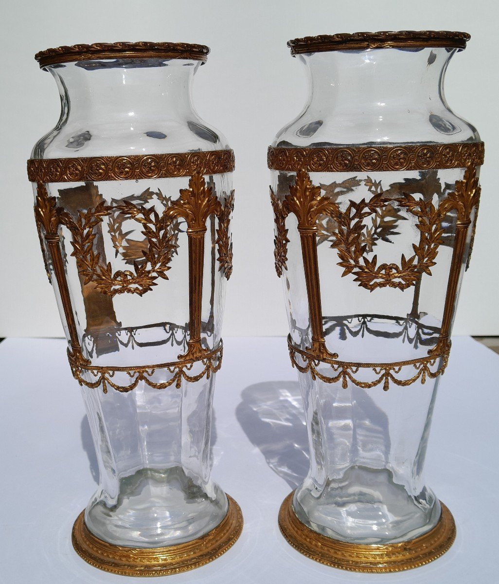 Pair Of XIXth Crystal Vases Attributed To Baccarat  - Gilded Bronze Mount-photo-2
