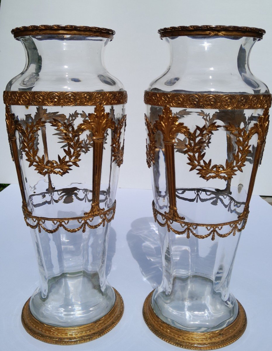 Pair Of XIXth Crystal Vases Attributed To Baccarat  - Gilded Bronze Mount-photo-3