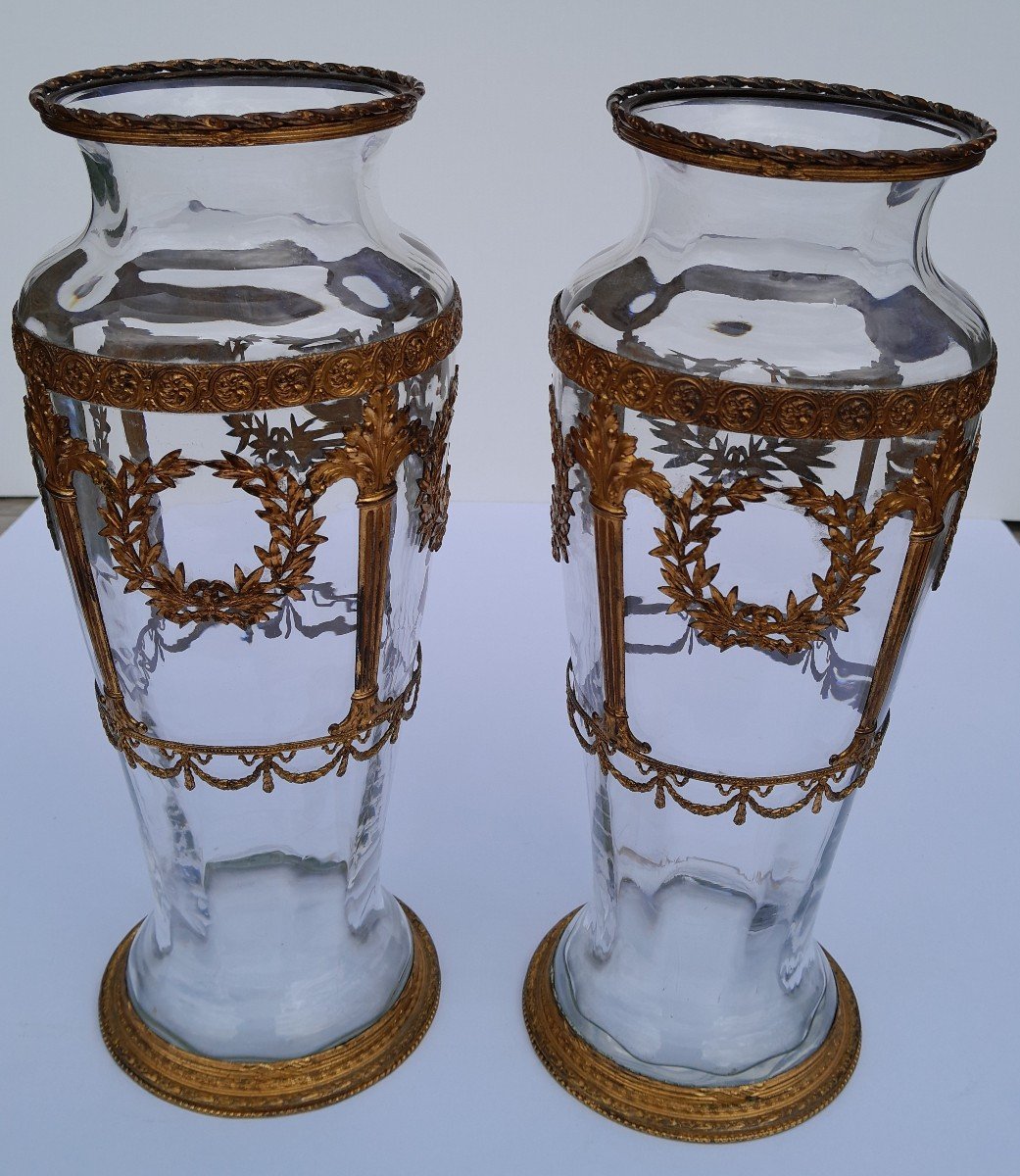 Pair Of XIXth Crystal Vases Attributed To Baccarat  - Gilded Bronze Mount-photo-4