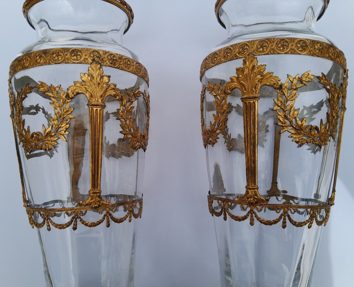 Pair Of XIXth Crystal Vases Attributed To Baccarat  - Gilded Bronze Mount-photo-4