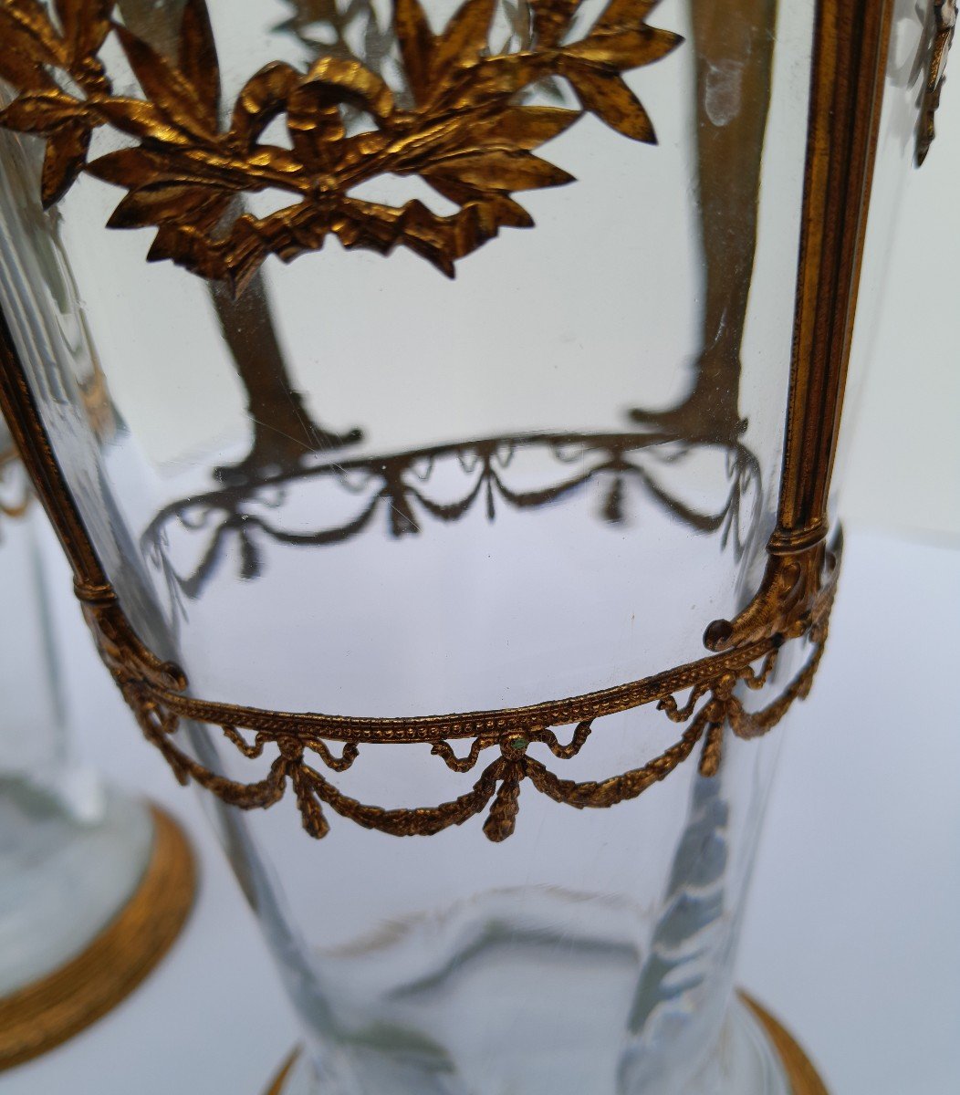 Pair Of XIXth Crystal Vases Attributed To Baccarat  - Gilded Bronze Mount-photo-7