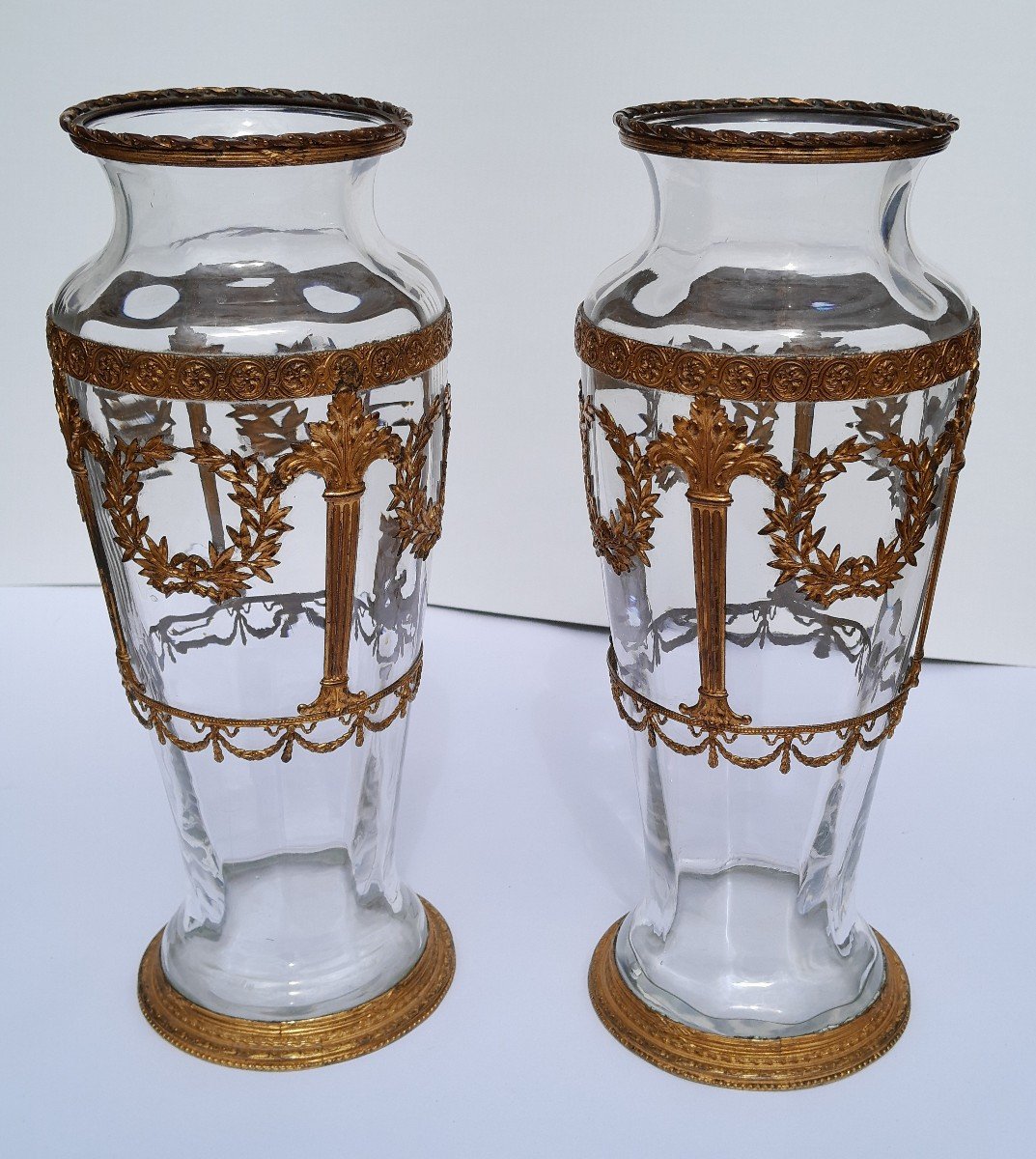 Pair Of XIXth Crystal Vases Attributed To Baccarat  - Gilded Bronze Mount-photo-8
