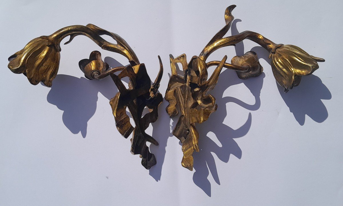 Pair Of Art Nouveau Floral Sconces In Gilt Bronze - "tulips"-photo-4