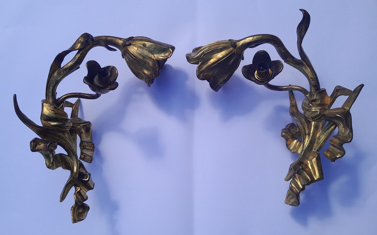 Pair Of Art Nouveau Floral Sconces In Gilt Bronze - "tulips"-photo-6