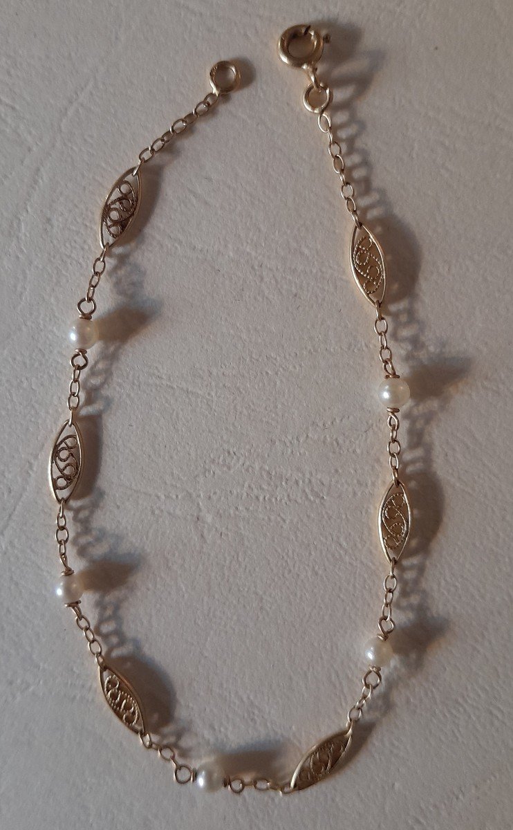 Bracelet ancien En Or filigrané Et Perles -photo-3