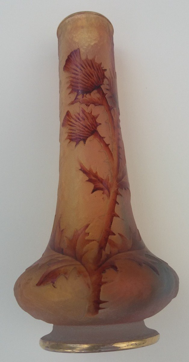 Small Daum Art Nouveau Vase, Soliflore With Enamelled Decoration Of Thistles-photo-2