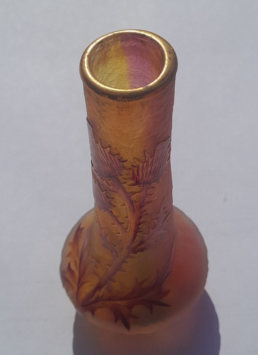 Small Daum Art Nouveau Vase, Soliflore With Enamelled Decoration Of Thistles-photo-7