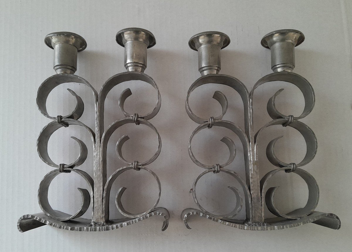 Paire de chandeliers  Art Déco en étain par René Delavan -photo-2