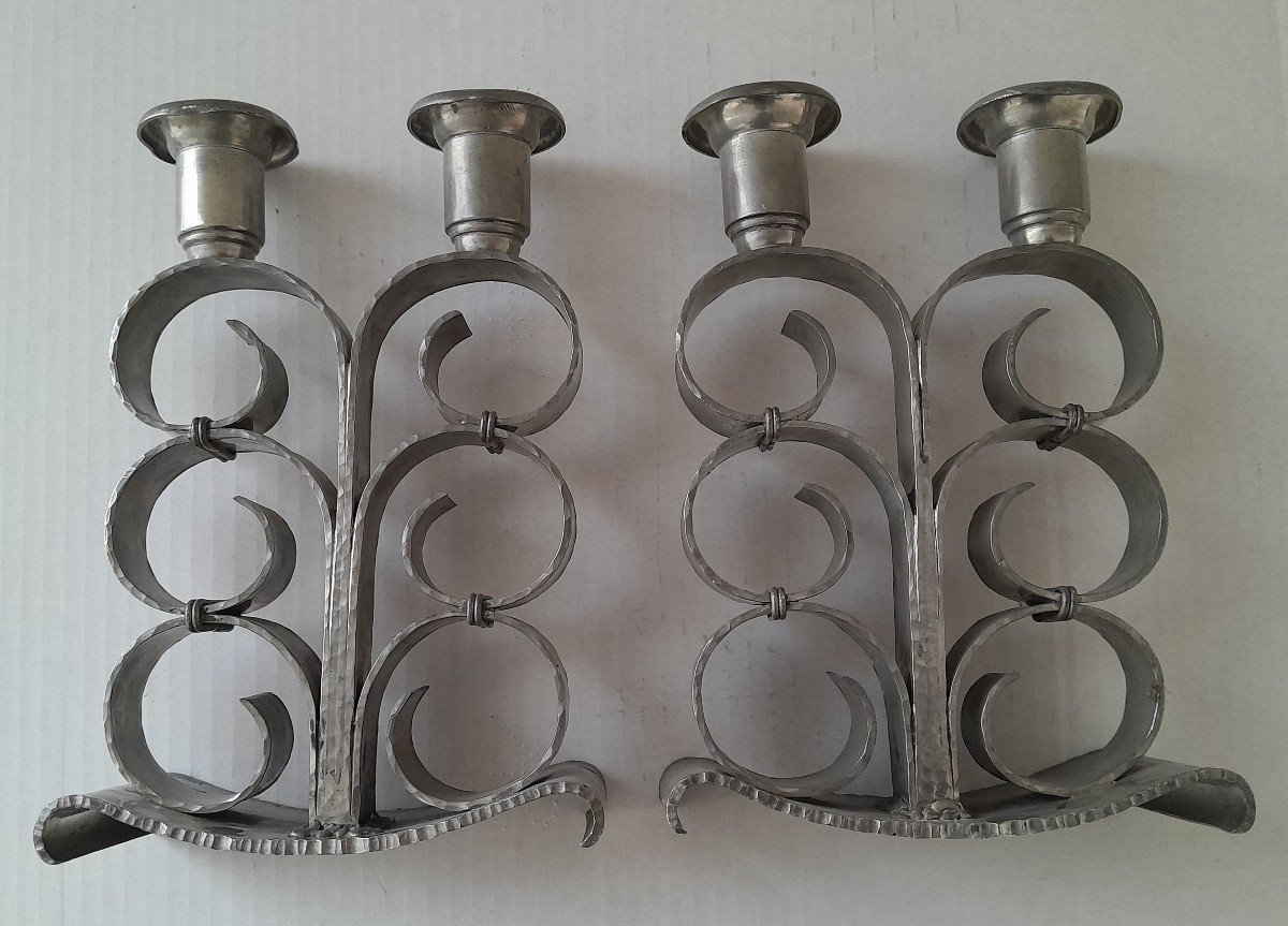 Paire de chandeliers  Art Déco en étain par René Delavan -photo-3