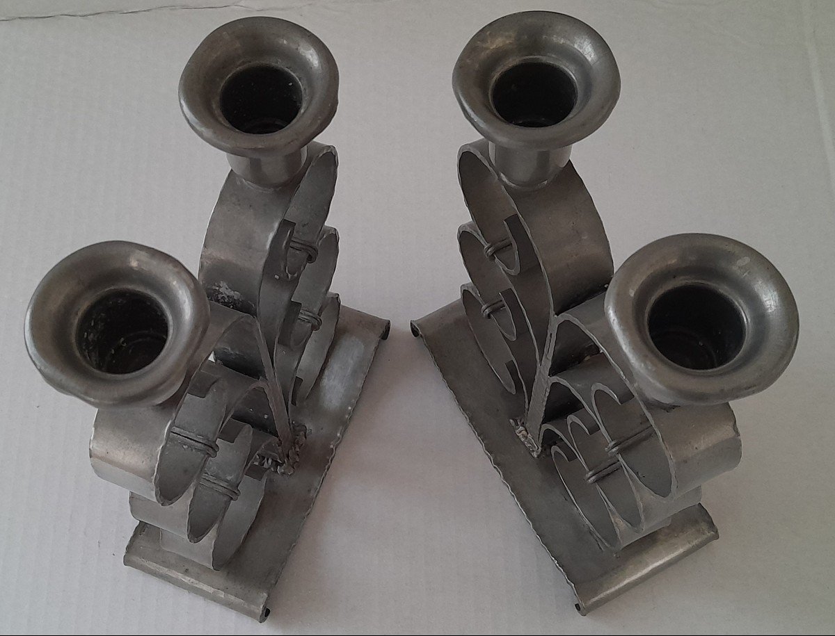 Paire de chandeliers  Art Déco en étain par René Delavan -photo-4