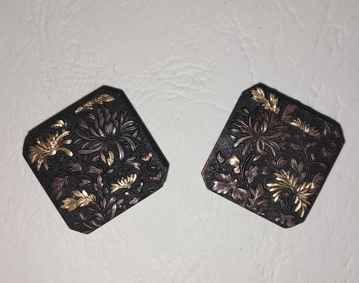 Shakudo Cufflinks Or Collar Links, Japan, Late 19th Century-photo-2