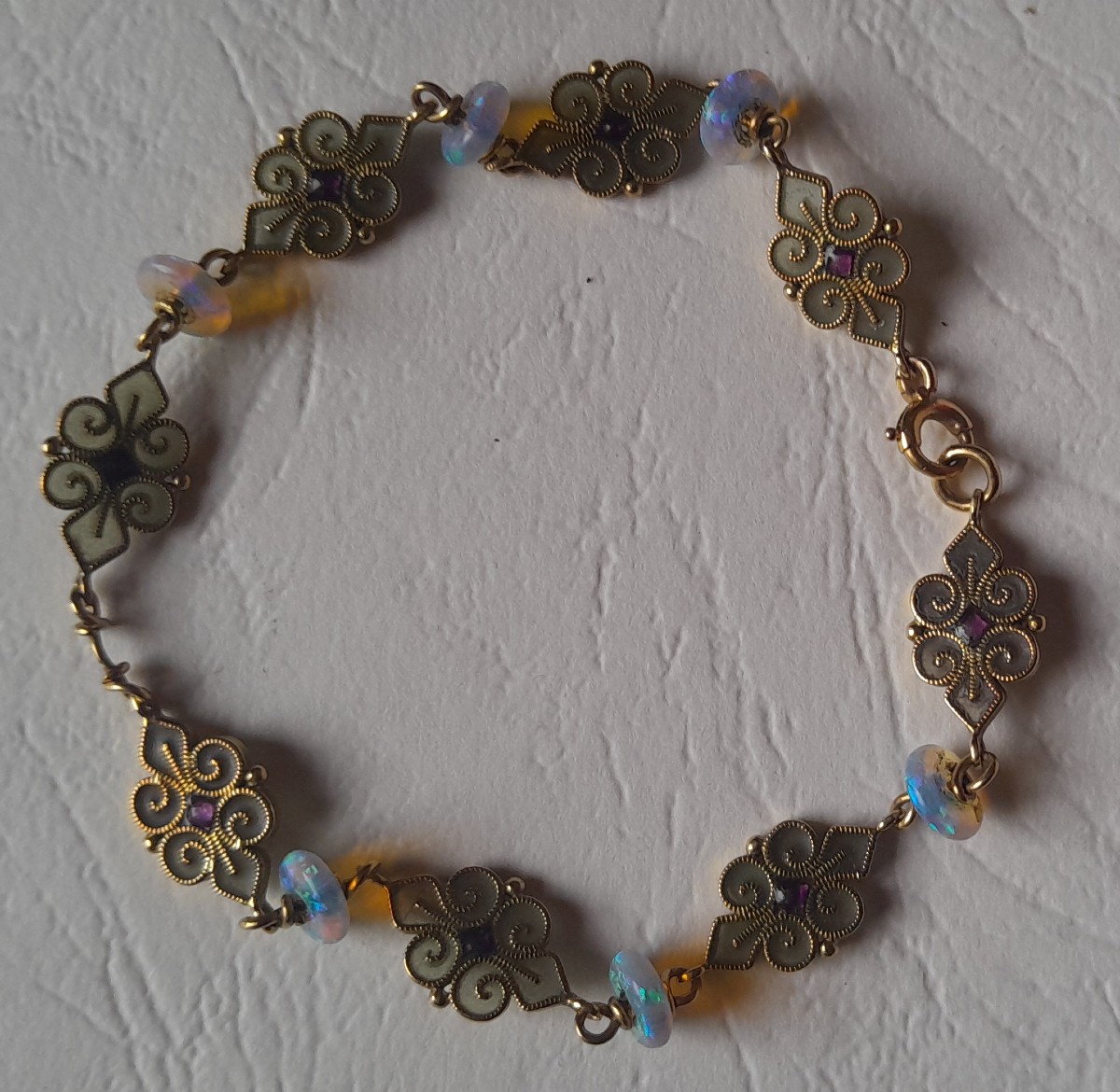 Bracelet art nouveau en or, émail plique-à-jour, opales et améthystes-photo-3