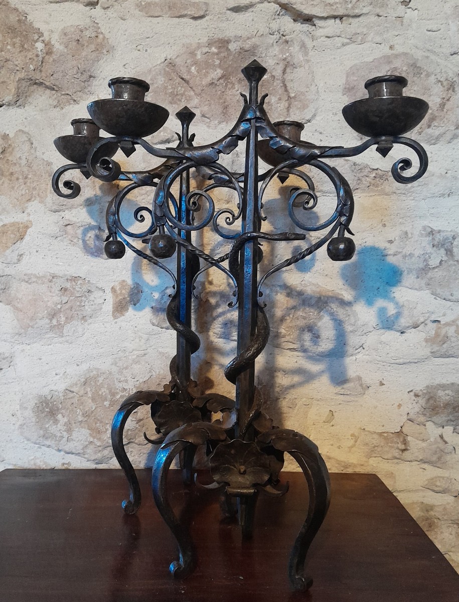 Pair Of Wrought Iron Candlesticks Decorated With Snakes-photo-4