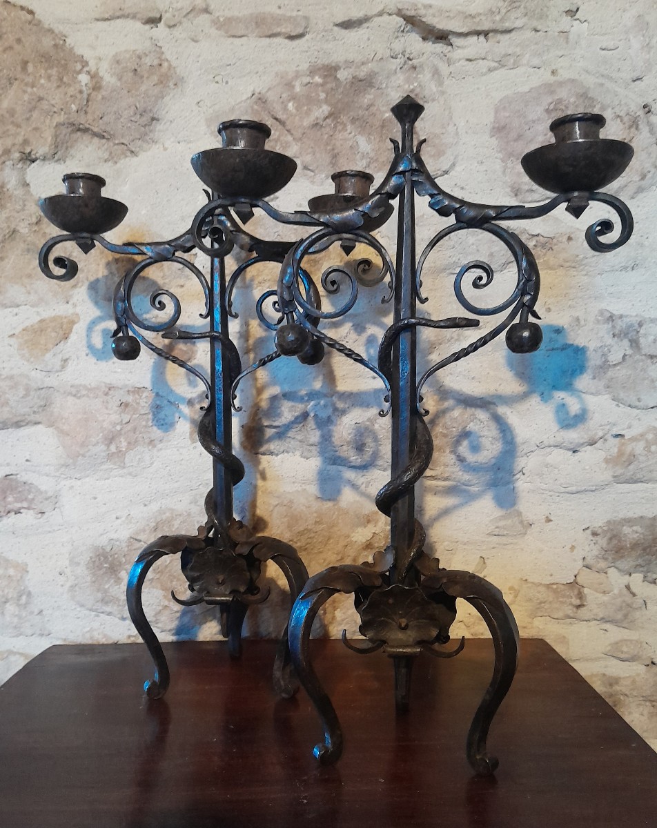 Pair Of Wrought Iron Candlesticks Decorated With Snakes-photo-1