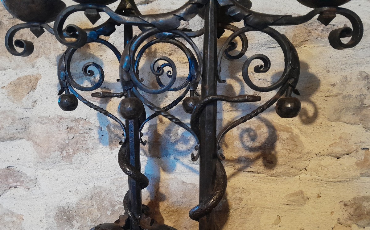 Pair Of Wrought Iron Candlesticks Decorated With Snakes-photo-3