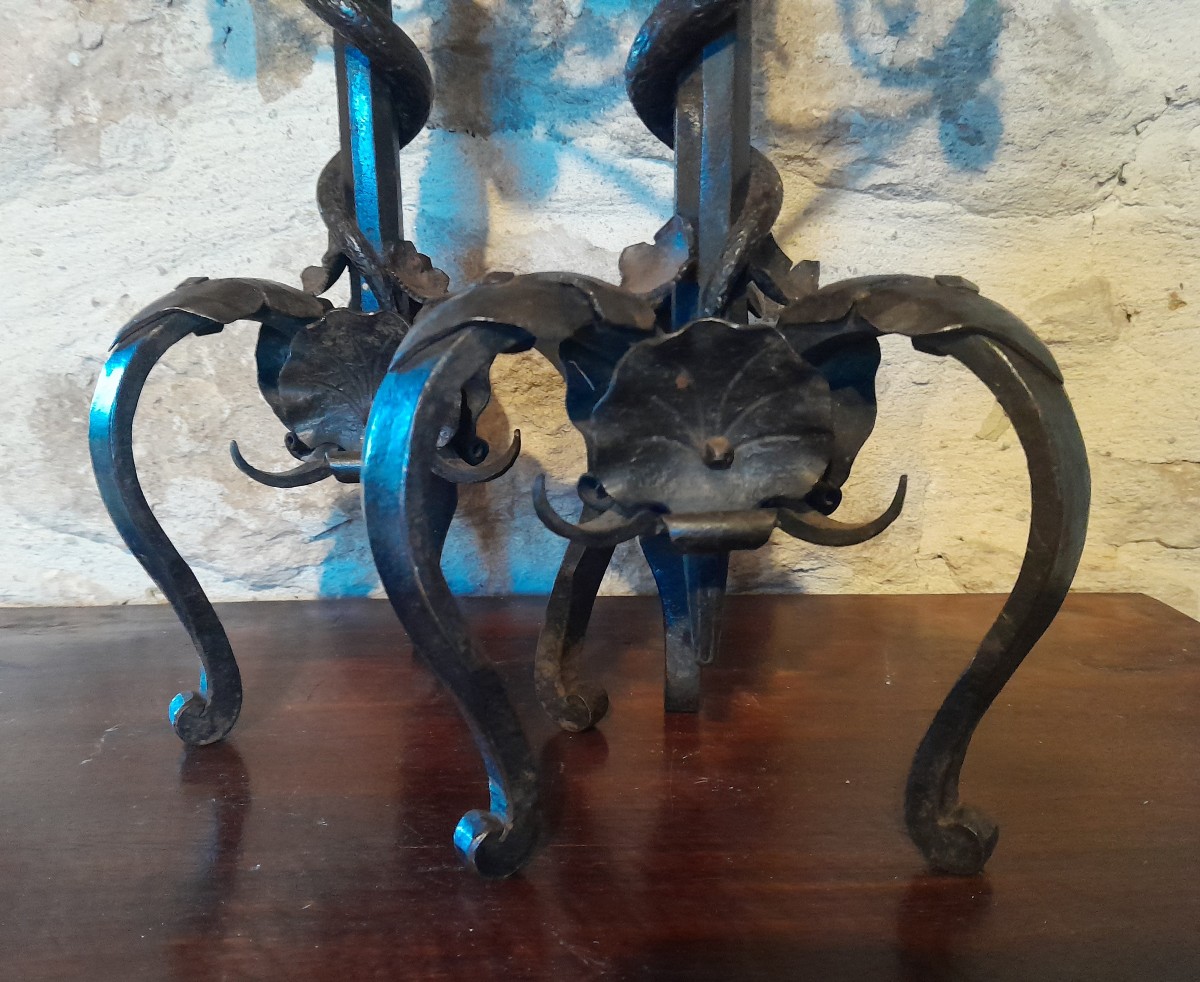 Pair Of Wrought Iron Candlesticks Decorated With Snakes-photo-4