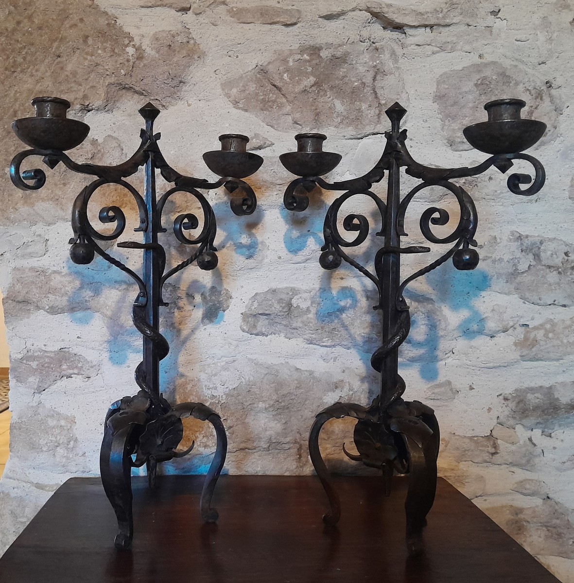 Pair Of Wrought Iron Candlesticks Decorated With Snakes
