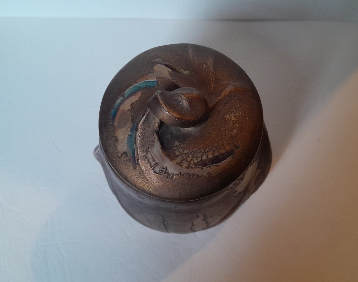 DENBAC, Pot couvert art nouveau, grès et métal-photo-2