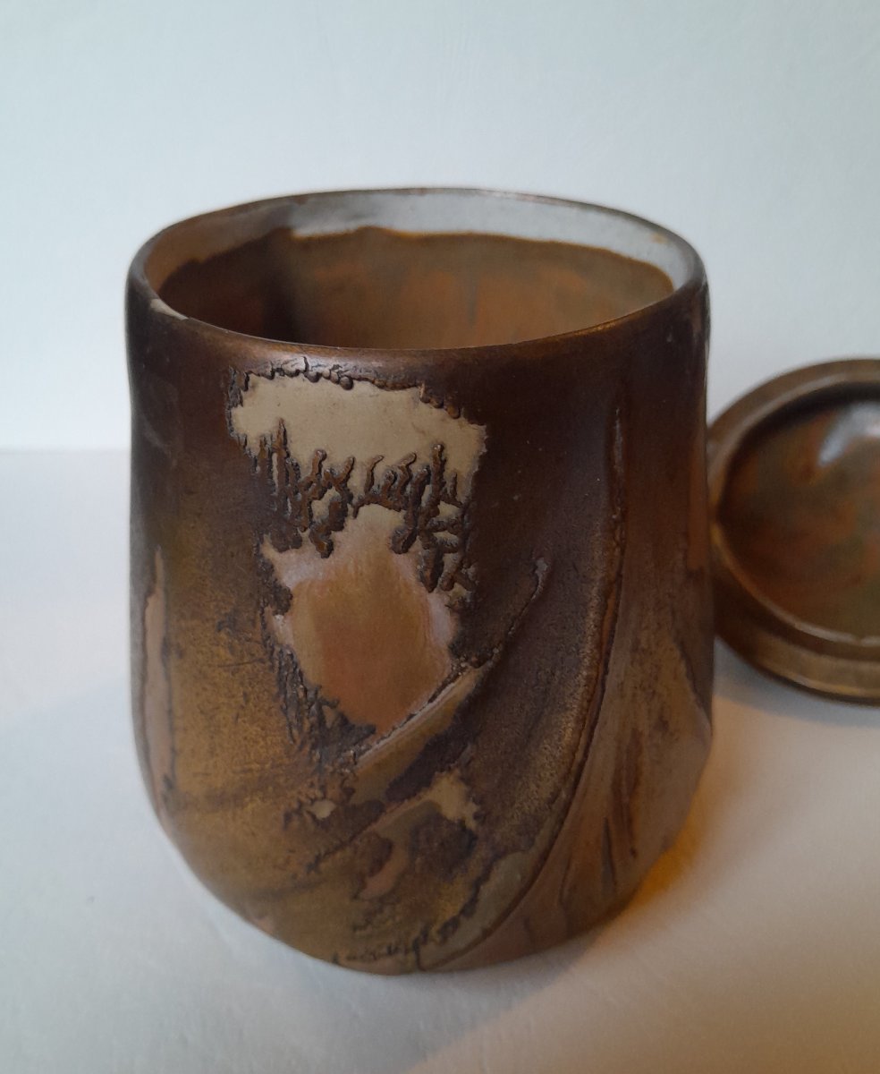 DENBAC, Pot couvert art nouveau, grès et métal-photo-3