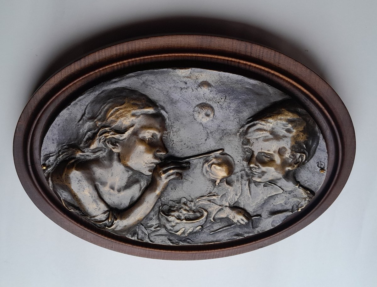 Attributed To Camillo Rapetti, "bolle Di Sapone", Bronze Bas-relief-photo-2