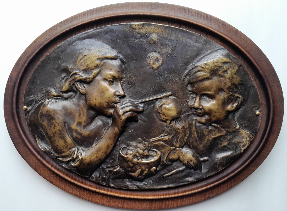 Attributed To Camillo Rapetti, "bolle Di Sapone", Bronze Bas-relief-photo-3