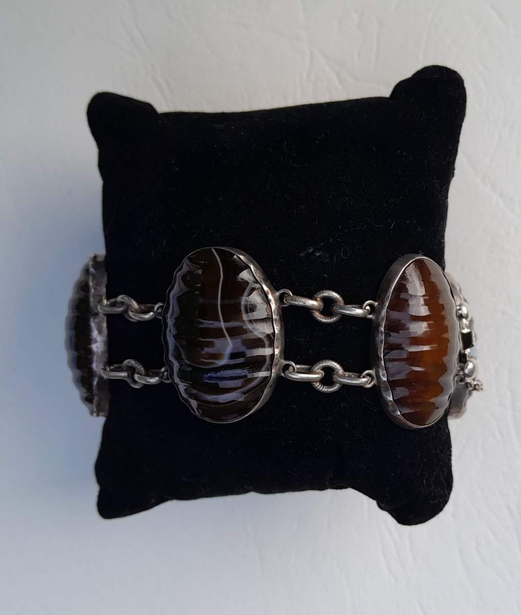 Silver Bracelet With Ribbon Agate Cabochons, Victorian Jewelry-photo-2