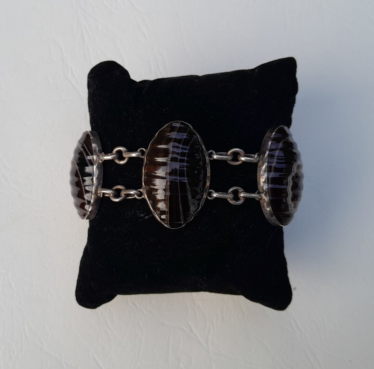 Silver Bracelet With Ribbon Agate Cabochons, Victorian Jewelry-photo-3